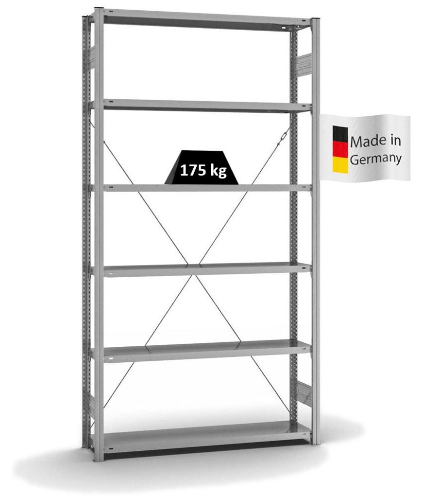 PROREGAL Fachbodenregal Stecksystem MAGNUS Germany | HxBxT 250x130x30cm | 6 Ebenen | Fachlast 175 kg | Einseitig nutzbar | Verzinkt
