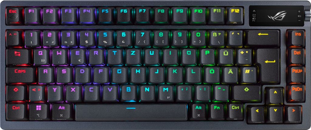 ASUS ROG Azoth RGB Gaming Tastatur mit 75% Layout - kabellose RGB Gaming Tastatur im Layout 75% mit Bluetooth und einem OLED Display zum ablesen von S
