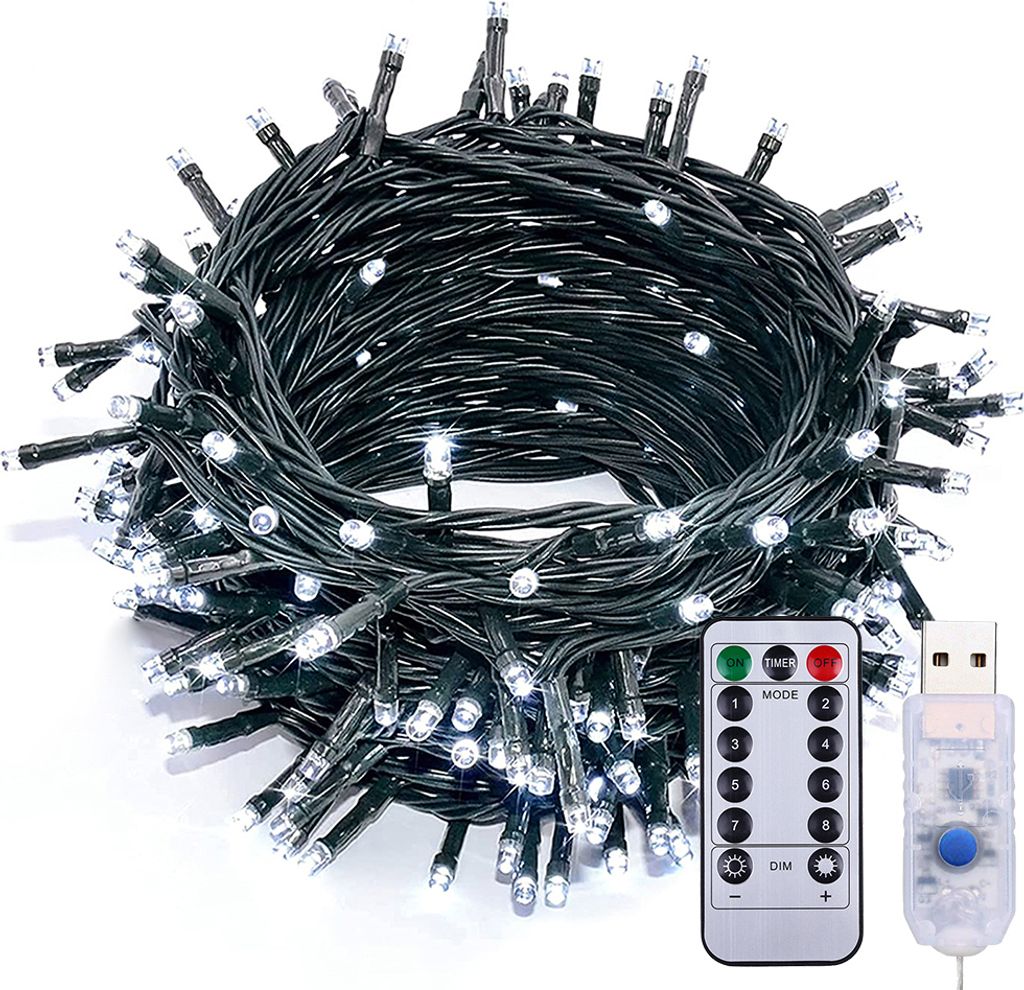 Lichterkette Innen mit Fernbedienung USB, 10m 100 LEDs Weihnachtsbeleuchtung Kaltweiß 8 Modi, Dimmbar Weihnachtsdeko für Garden Balkon
