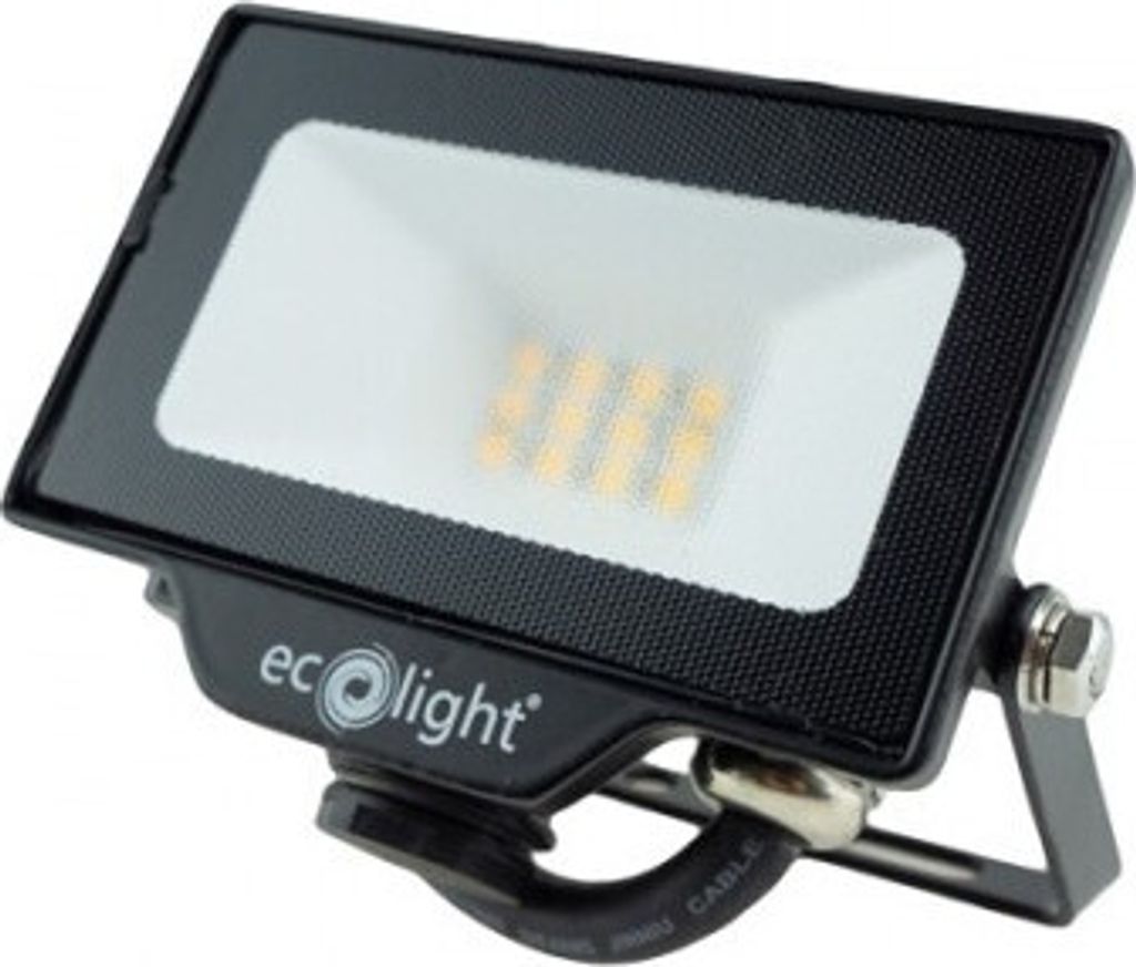 A black LED floodlight is shown at a slight angle against a white background.