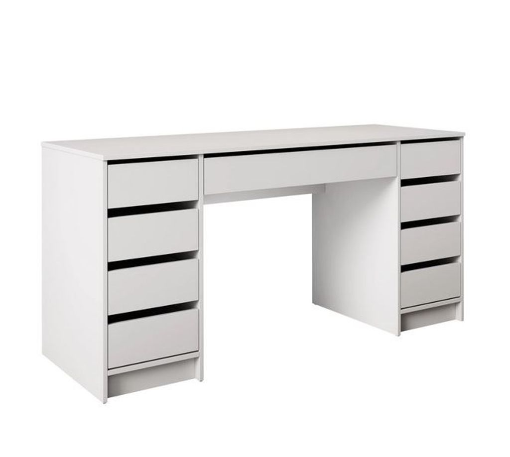A white desk with drawers on a white background.