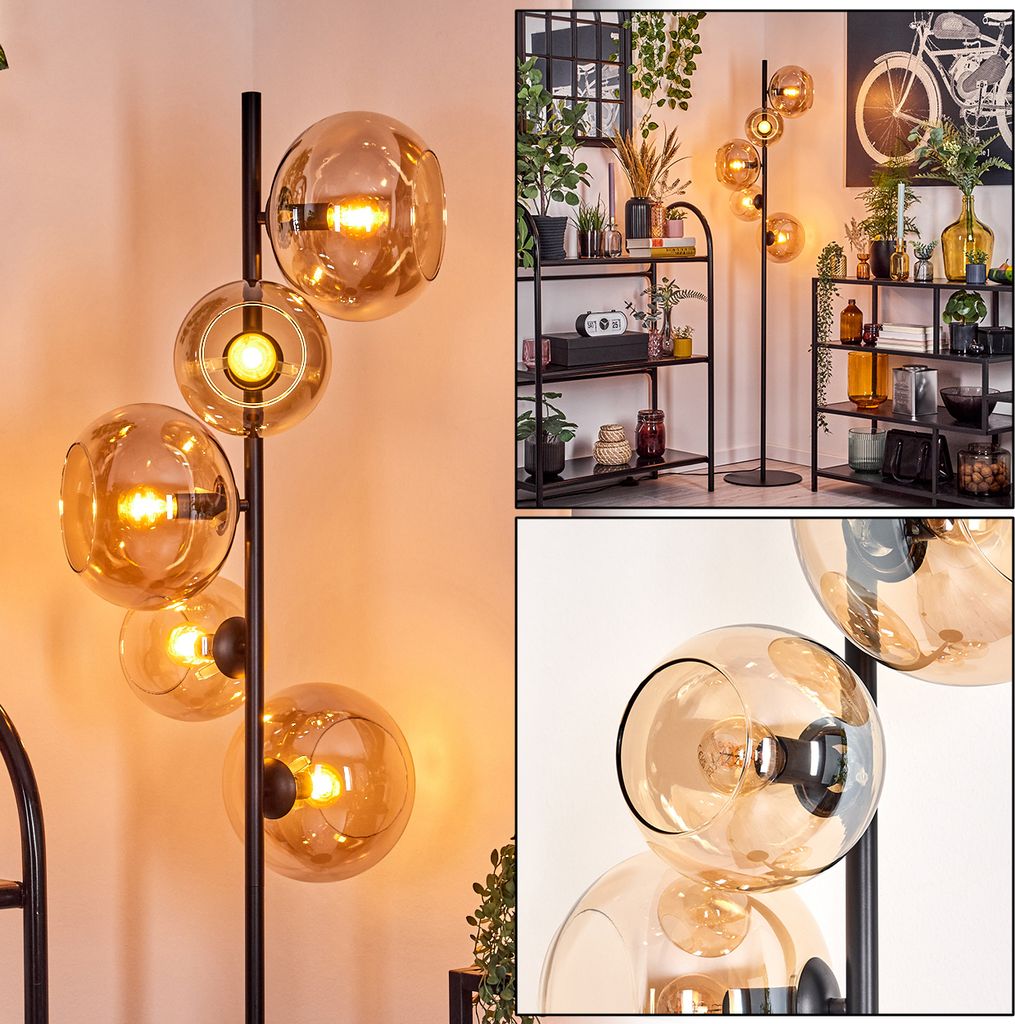 Carentino Stehlampe aus Metall/Glas in Schwarz/Bernsteinfarben mit Fußschalter