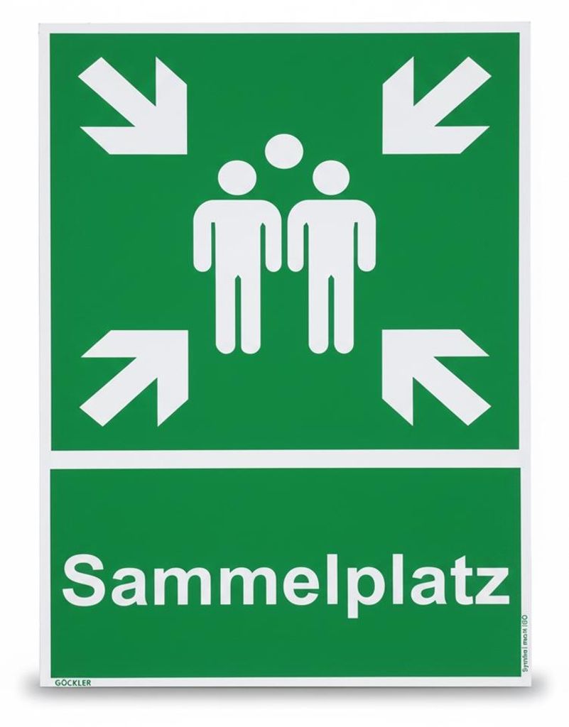 Mucola Sammelstellenschild 30x40 cm – selbstklebend, wetterfeste Kunststoffplatte, Fluchtweg-Kennzeichnung nach ASR A1.3 / ISO 7010 E007, UV-best...