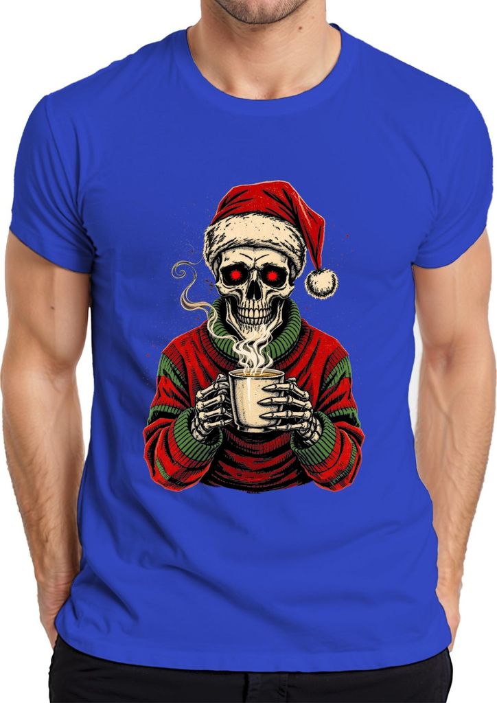 Skelett Santa rote Augen Kaffee Becher Gothic Weihnachten Herren T-Shirt, Blau, XXL