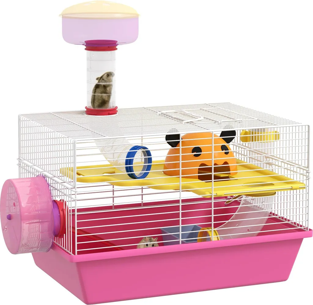 Cage hamster anti-projections rose - Habitat propre avec roue et eau