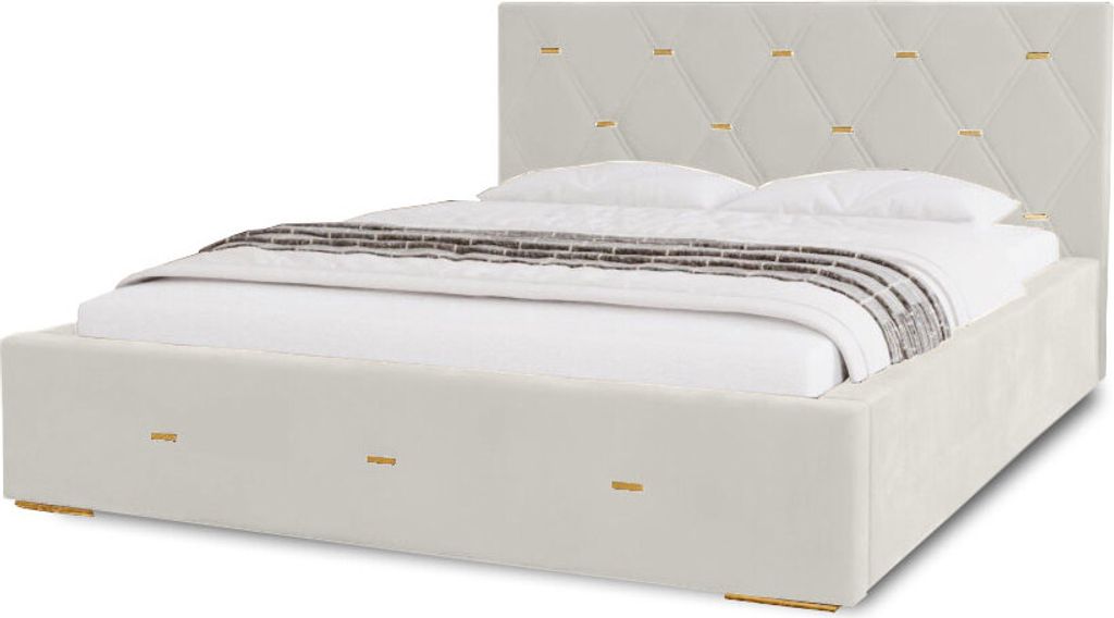 Polsterbett Golden Premium 200x200 cm, Bett mit Kopfteil, Doppelbett mit Bettkasten, Matratze und Lattenrost aus Holz, Velourstoff: Weiß