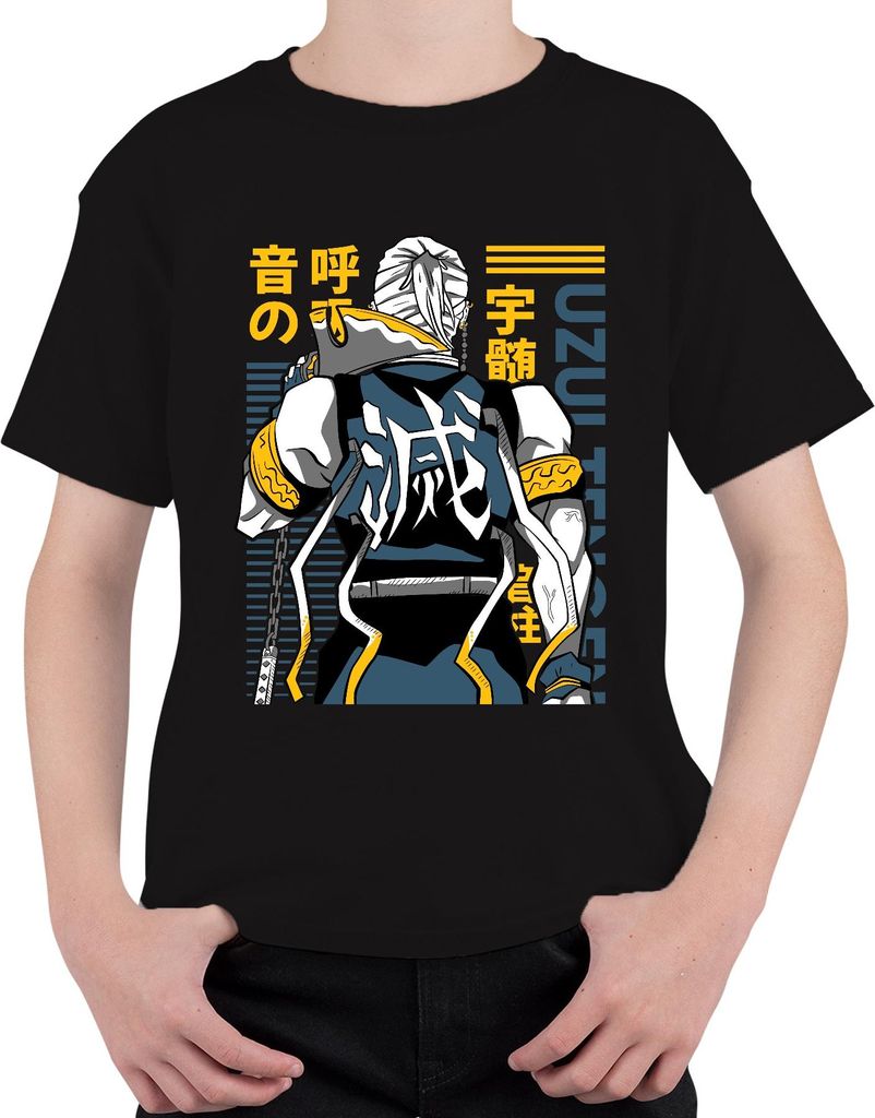 Uzumaki Ninja Rückenfigur Kanji Samurai Manga Geschenk Japan Y2K Streetwear Uni Kinder T-Shirt, Schwarz, 128