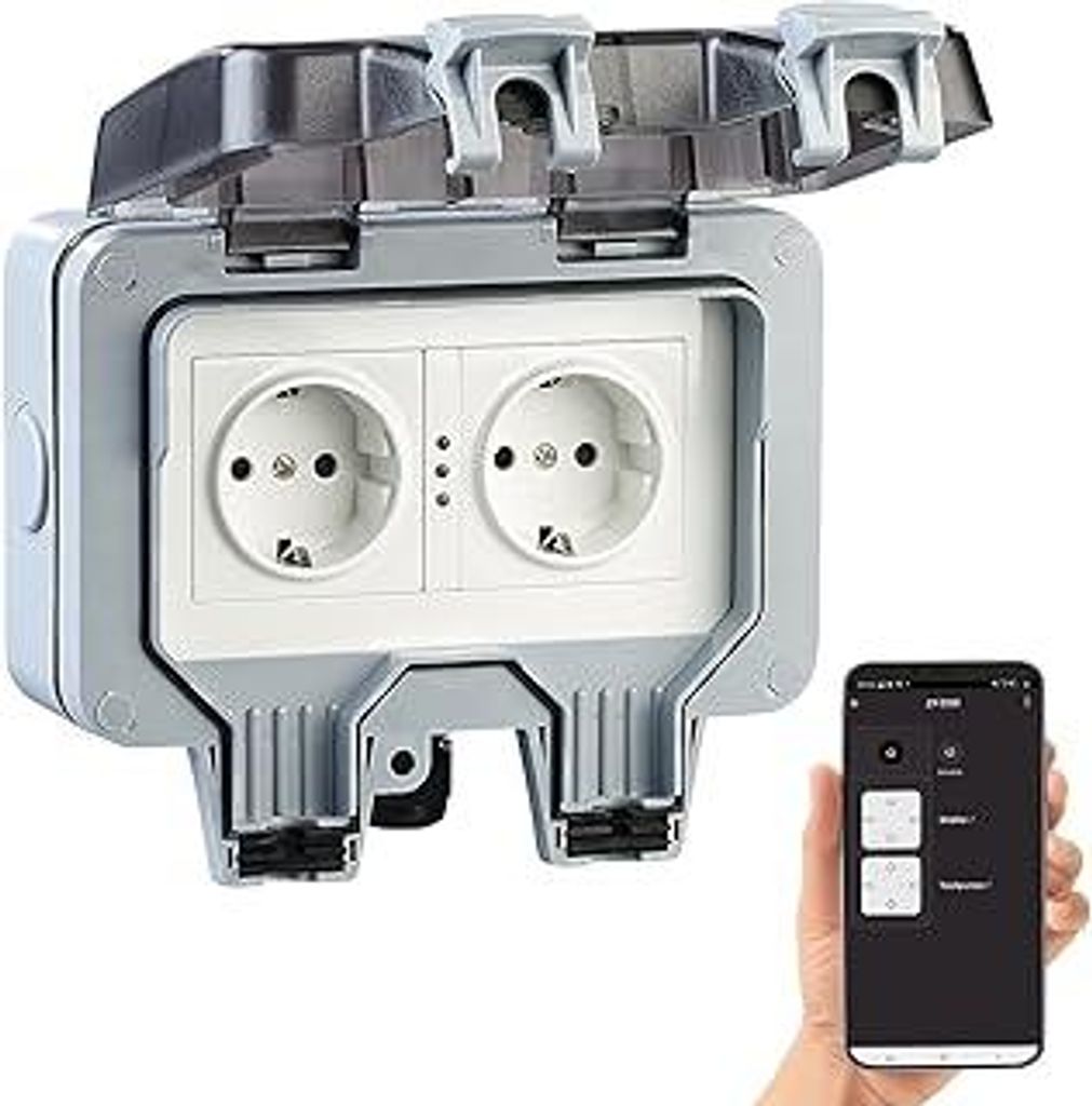 Luminea Home Control Outdoor Steckdose WLAN: Outdoor-WLAN-Aufputz-Doppelsteckdose, Sprachbefehl, Strommessung, App (Steckdosen Smart, Zeitsteckdose...