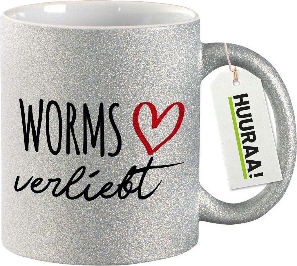 Huuraa Glitzertasse Worms verliebt 330ml Silber Keramik Kaffeebecher Geschenkidee