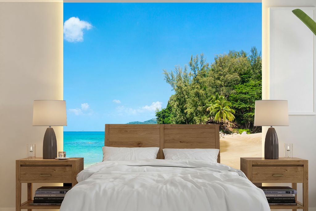 MuchoWow Fototapete für Wohnzimmer oder Schlafzimmer Wandtapete Vinyl Motivtapete Strand - Meer - Pflanzen - Tropisch - 260x260 cm - Papiertapeten