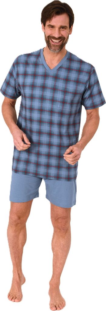 Normann Herren kurzarm Schlafanzug Shorty Pyjama Oberteil kariert - auch in Übergröße ; blau , 60