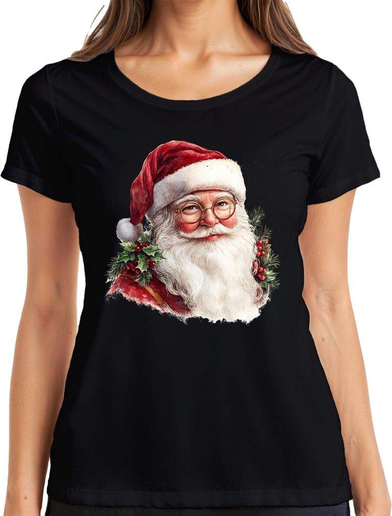 Weihnachtsmann Aquarell Portrait Brille Stechpalme Vintage Damen T-Shirt, Schwarz, M