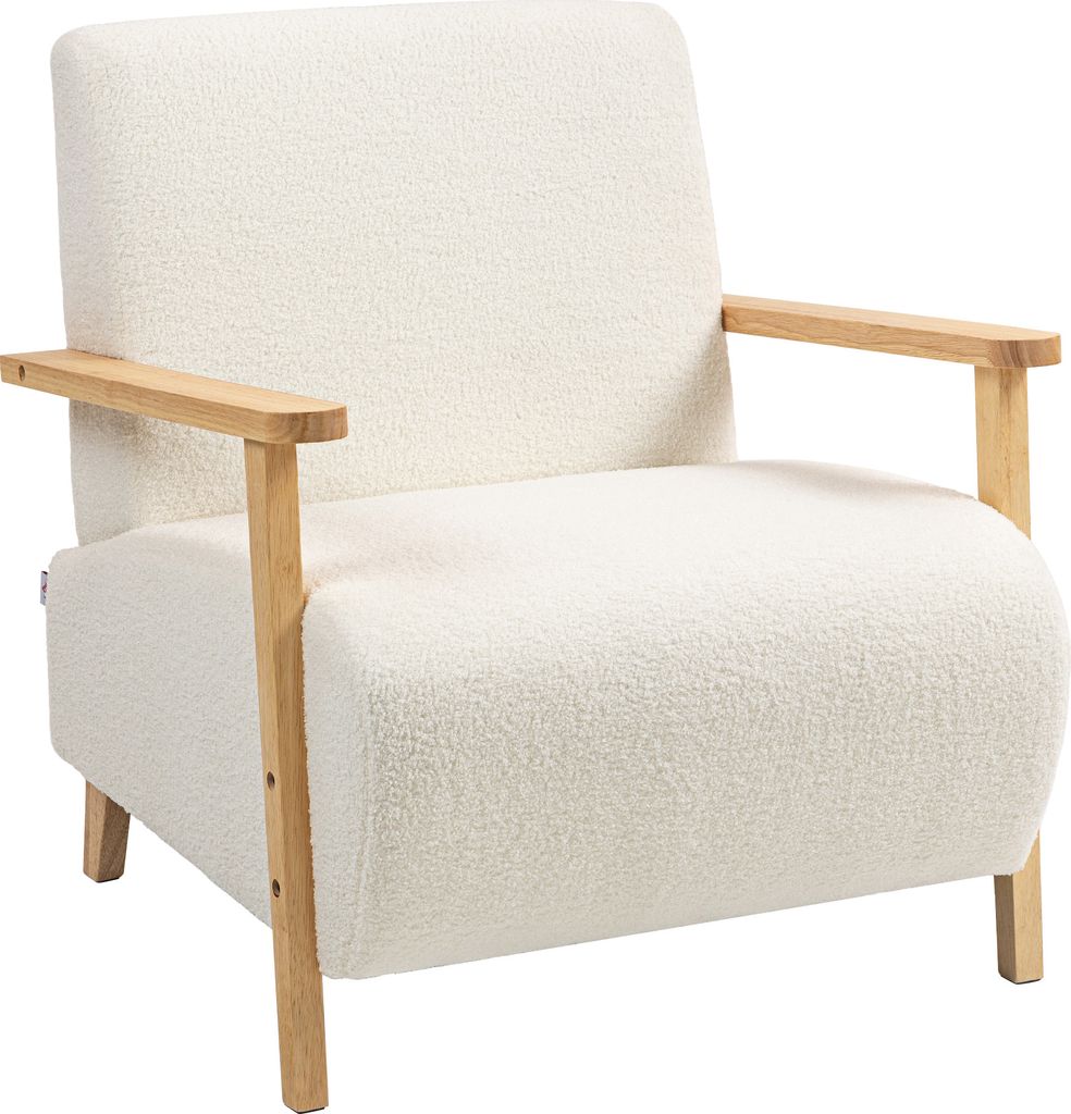 HOMCOM Sessel mit Rückenlehne, Armlehnen, Gepolstert Loungesessel mit Sherpa-Optik, Holzbeine, für Schlafzimmer, Wohnzimmer, bis 120 kg, Cremeweiß
