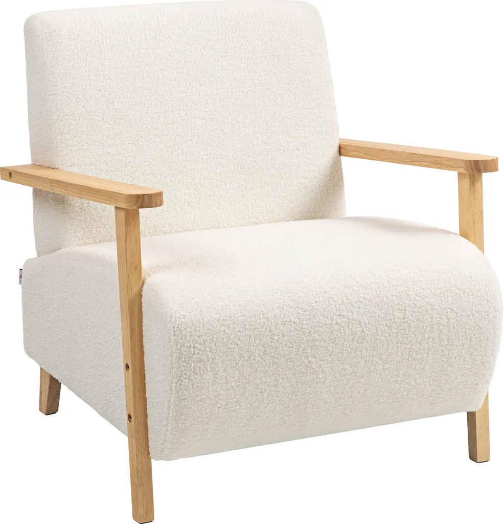 HOMCOM Fauteuil 1 place en laine bouclée crème avec pieds bois massif