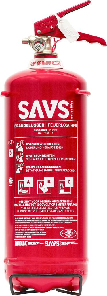SAVS Feuerlöscher Pulver 3 kg - 21A 113B C - Mit Halterung - Pulverlöscher
