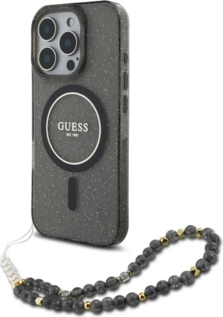 Guess iPhone 16 Pro Max 6.9 Custodia IML Glitter MagSafe Nera Perle