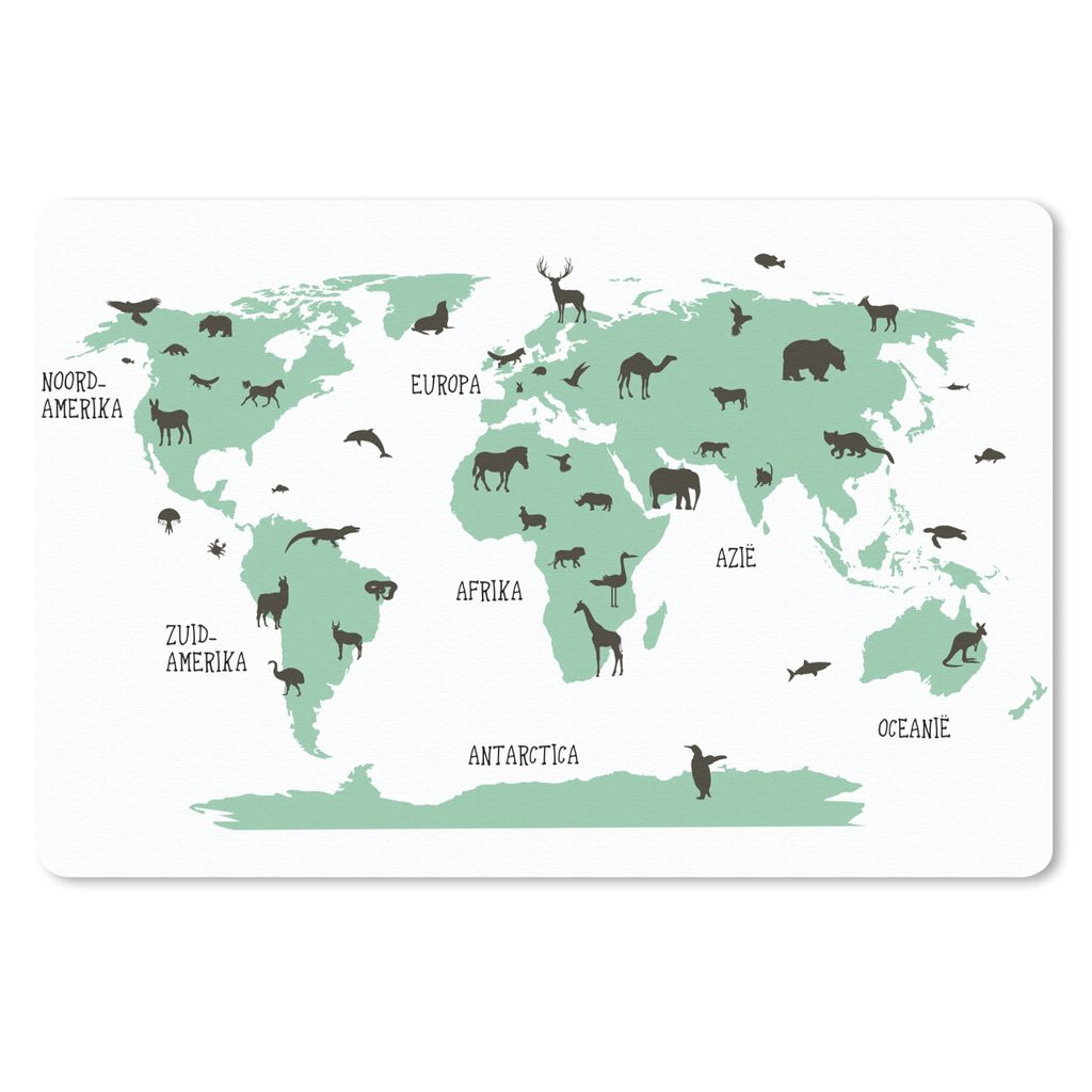 MuchoWow Schreibtischunterlage Weltkarte - Kinder - Tiere - Grün - Junge - Mädchen 60x40 cm - XXL Mauspad - Großes Mauspad