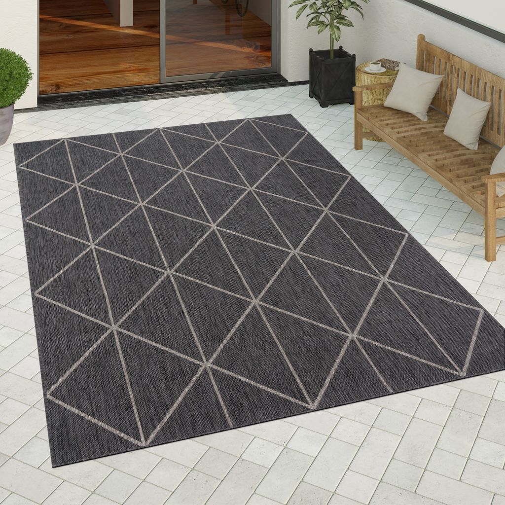 Outdoor Teppich wetterfest Boho Skandi Motiv Rauten robust Balkon Terrasse Küche Grösse 120x160 cm