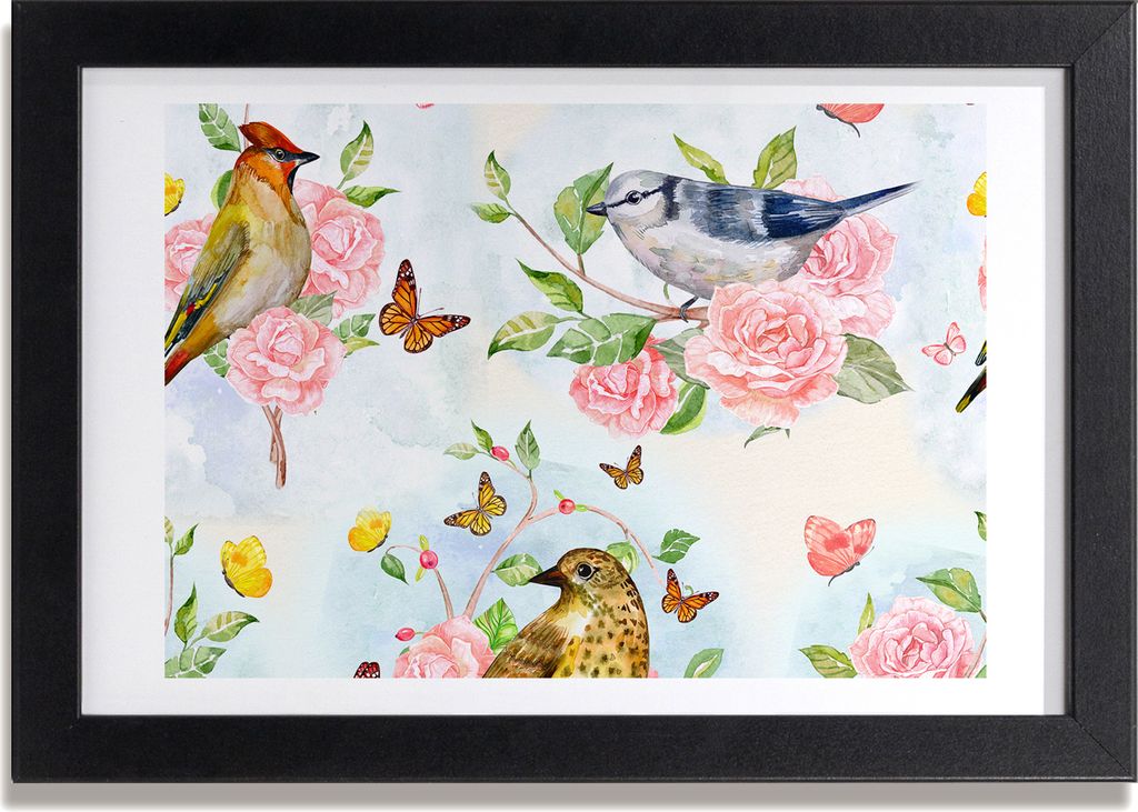 Bild 30x20 MDF-Rahmen, Wandkunst Vögel und Rosen