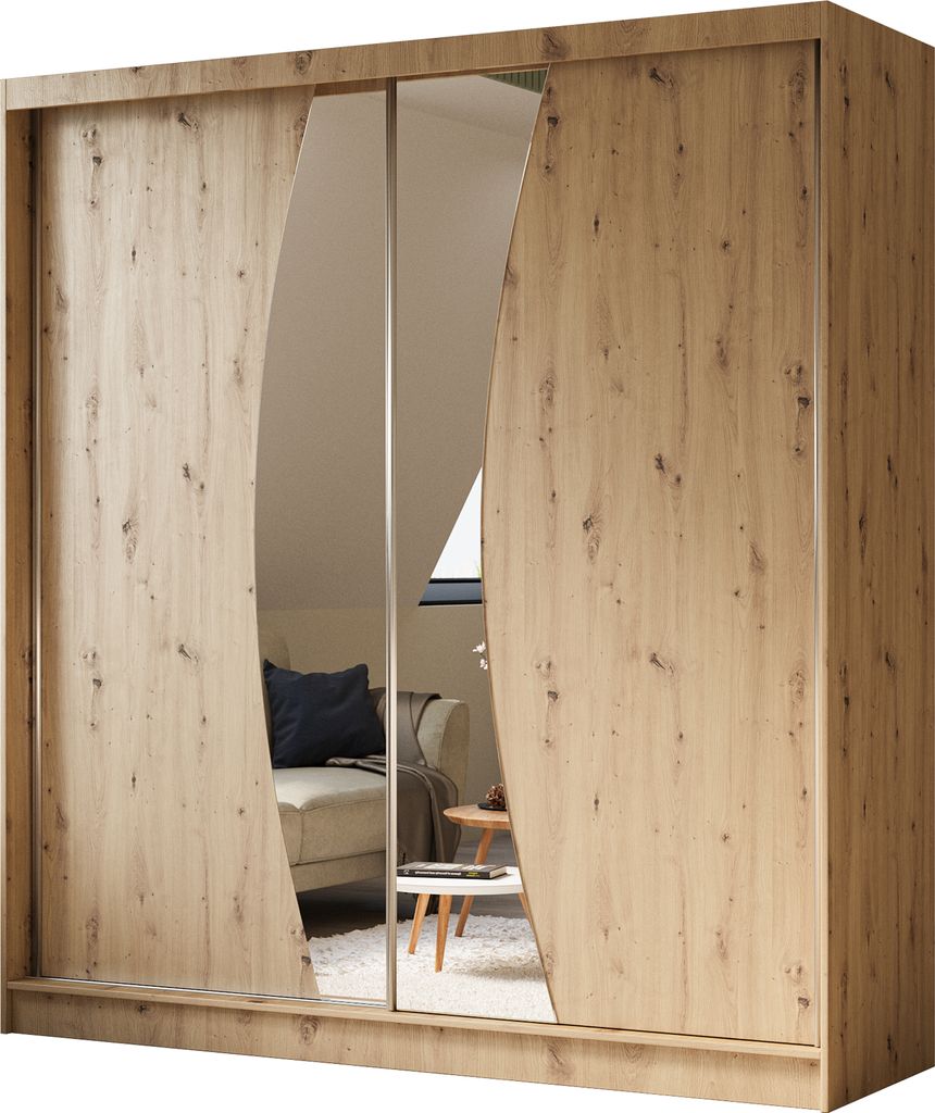 ALTDECOR Kleiderschrank mit Spiegel und Schiebetüren VOXI, kugelgelagerte Führungsschienen und Aluminium-Leisten, LED-Beleuchtung (weiß + 16 Far...