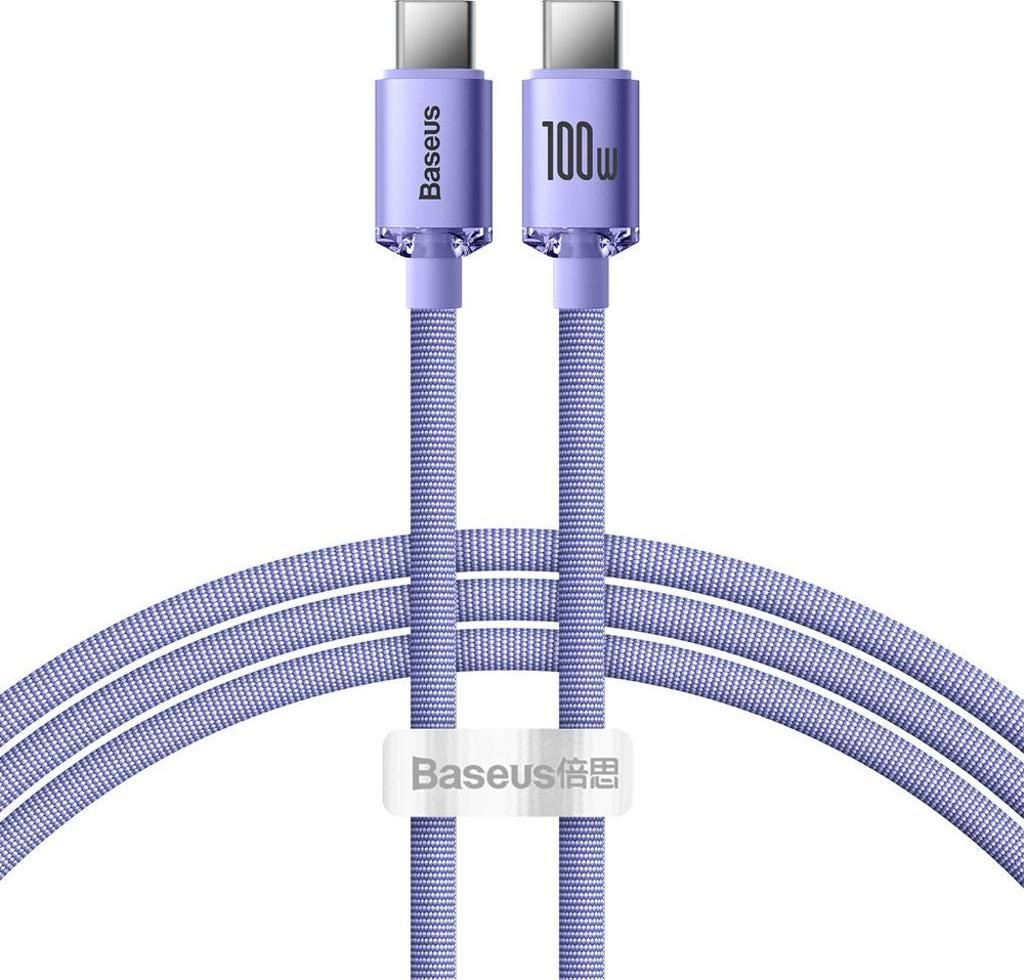 A purple USB-C to USB-C cable with a braided texture, coiled in the foreground and extending upwards to two USB-C connectors.
