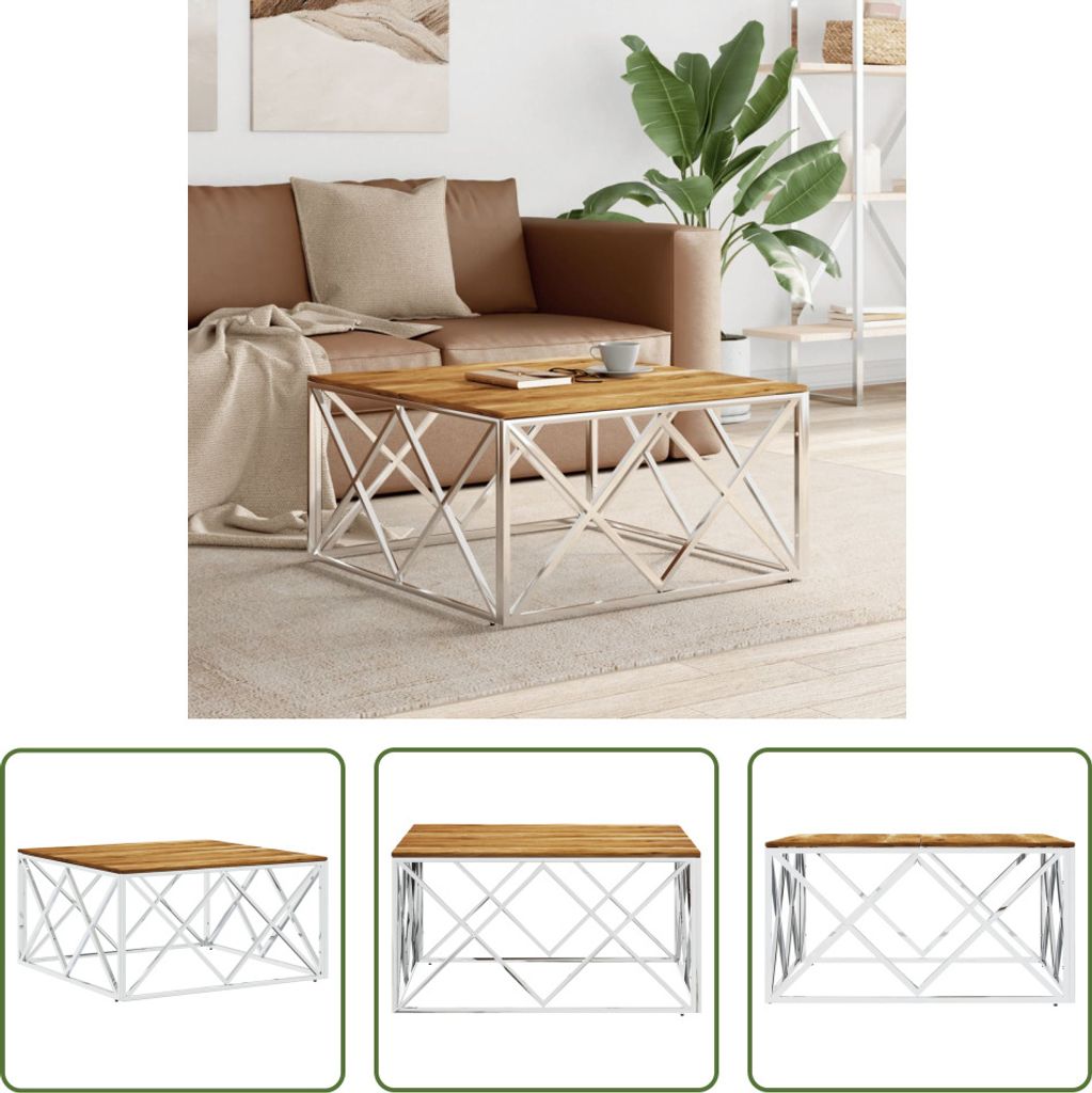 The Living Store Couchtisch Silbern Edelstahl und Massivholz Akazie