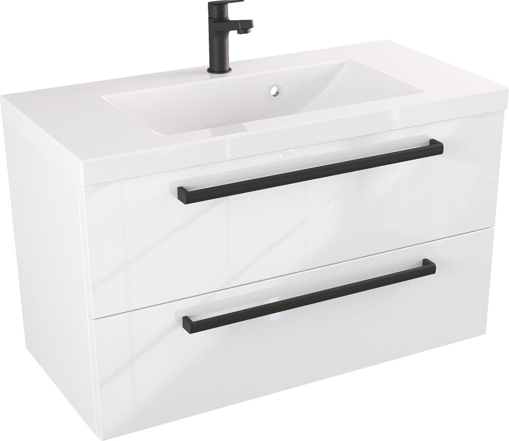 FURNI Waschtischunterschrank ATH 80 cm - Weiß Hochglanz - Hängender Badschrank mit Mineralguss-Waschbecken - Griffe - Vormontiert