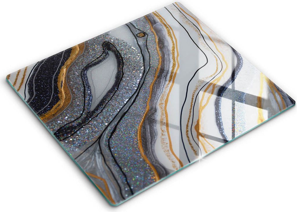 Glasschneideplatte - Herdabdeckplatte - 60x52 - Schneidebrett - Spritzschutz - Rock mit Gold