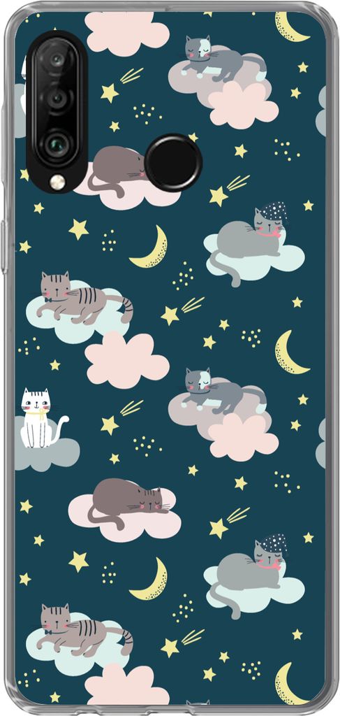 MuchoWow Handyhülle Schutzhülle Hülle für Telefoonhoesje Huawei P30 Lite Muster - Katze - Mond - Jungen - Mädchen - Kinder - Kind Silikon So...