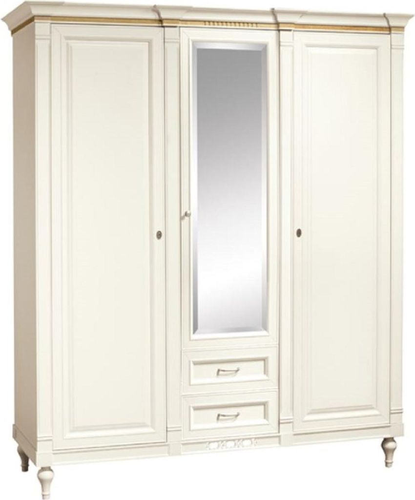 Casa Padrino Luxus Jugendstil Schlafzimmerschrank Cremefarben 186,6 x 64,7 x H. 210,6 cm - Massivholz Kleiderschrank mit 3 Türen und 2 Schubladen ...