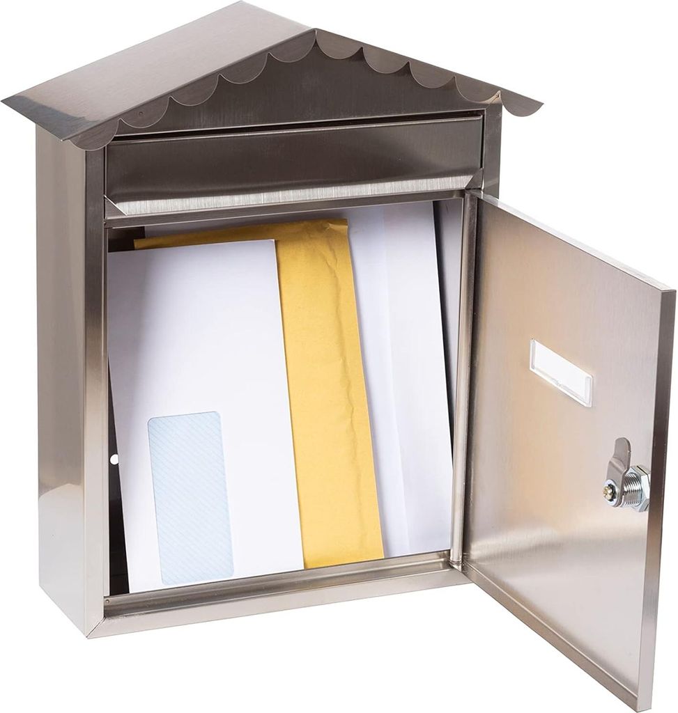 Edelstahl Briefkasten Größe M - Außen Wandbriefkasten mit Namensschild Klappdeckel - Einfache Montage - RVS - DIN A4 Post