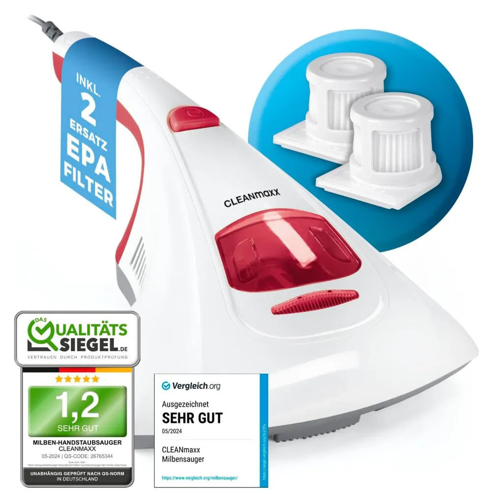 Aspirateur anti-acariens CLEANmaxx UV-C 300W blanc et rouge avec 2 filtres