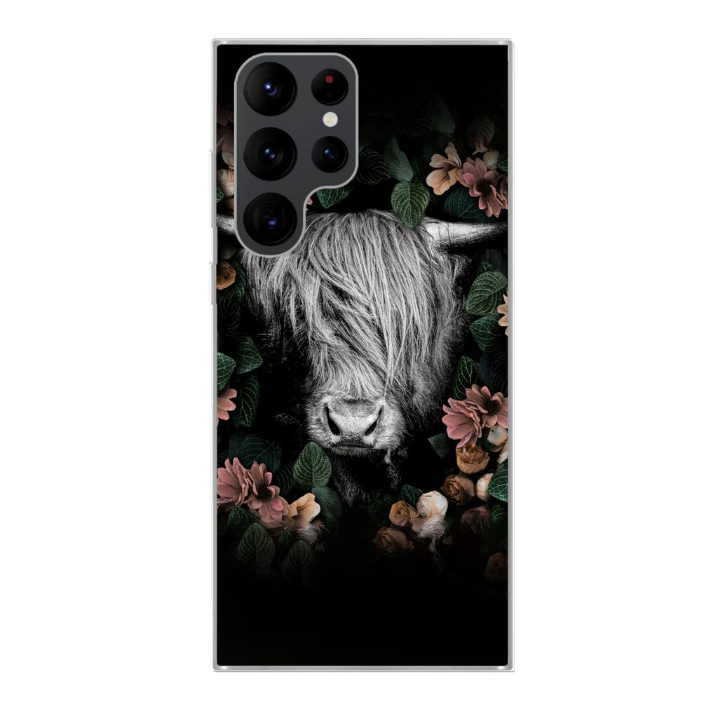 MuchoWow Handyhülle Schutzhülle Hülle für Samsung Galaxy S22 Ultra Schottischer Highlander - Blumen - Rosa Silikon Softcase Handy Hülle - Ab...