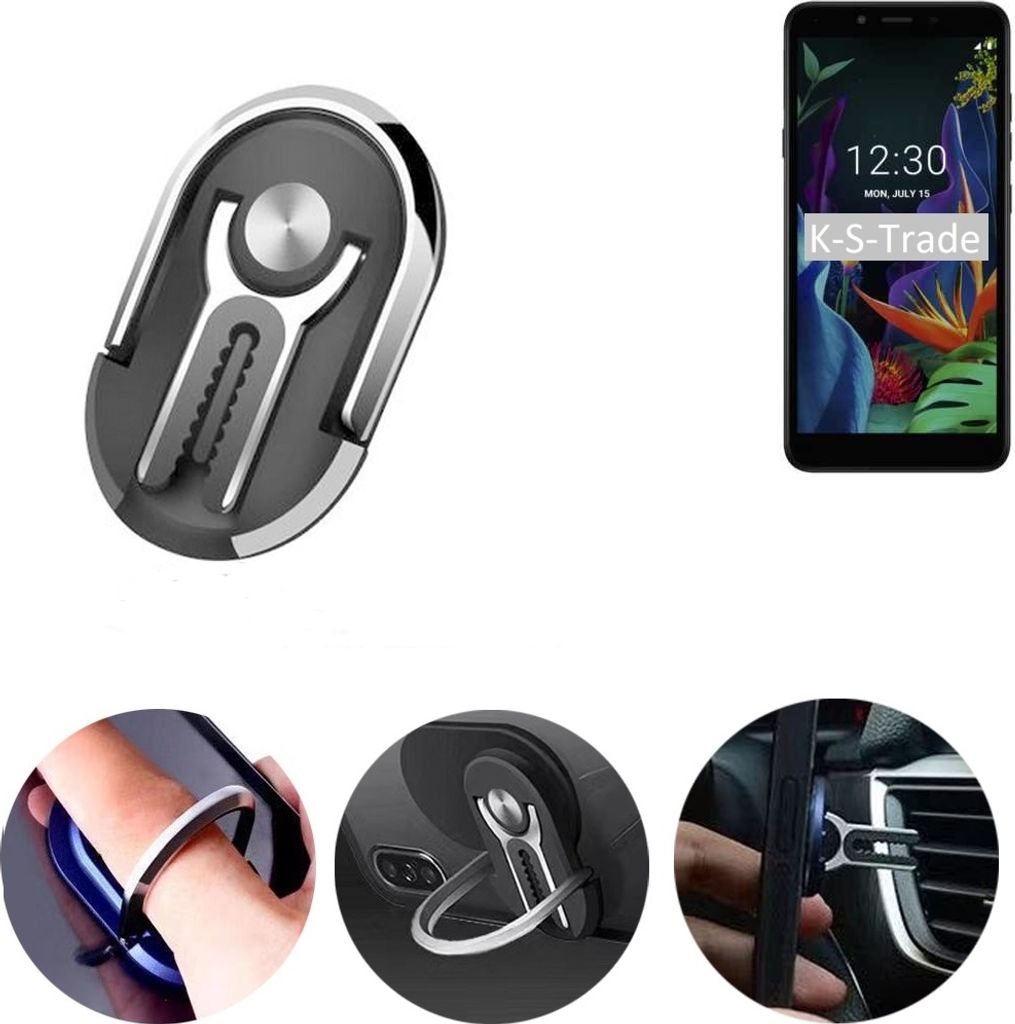 K-S-Trade 3in1 Smartphone-Ring Handy-Ring kompatibel mit LG Electronics K20 Fingerhalterung Handyring Tischständer Lüftungsgitter-Halterung Tisch