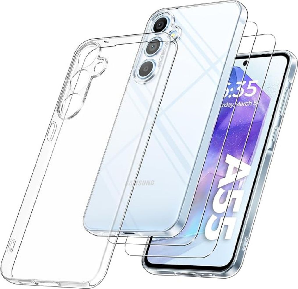 A clear phone case and screen protector are shown, with a phone partially visible underneath.