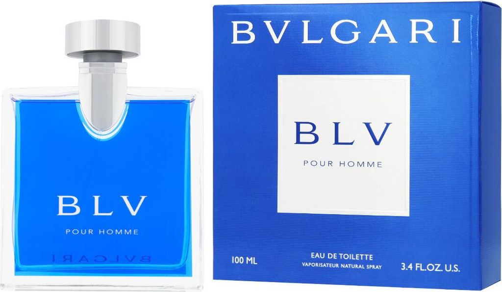 A bottle of Bvlgari BLV Pour Homme Eau de Toilette and its packaging are displayed side-by-side against a white background.