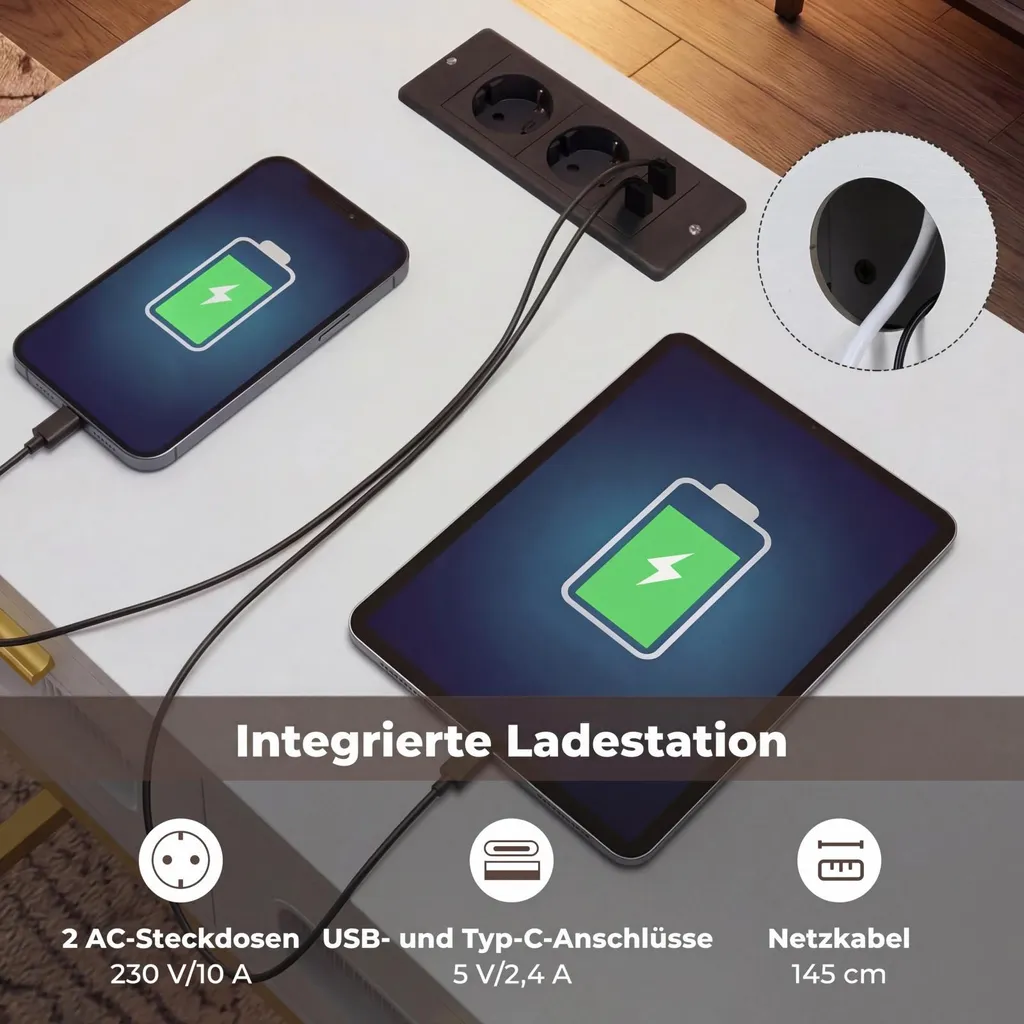 Table console COSTWAY blanche et dorée avec éclairage LED et 3 tiroirs