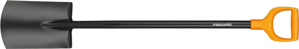 A Fiskars garden spade with a black metal blade and shaft, and an orange D-shaped handle, isolated on a white background.