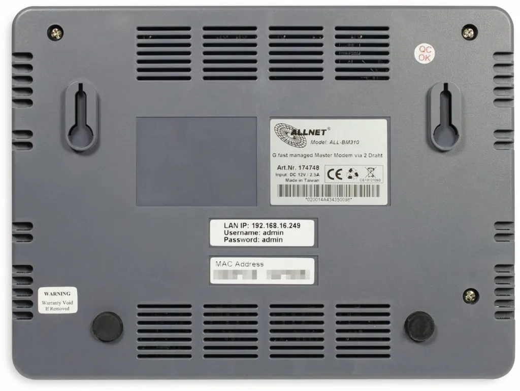 Modem G.fast Intel ALLNET ALL-BM310 Noir 1000 Mbps pour Réseau Ethernet - 4