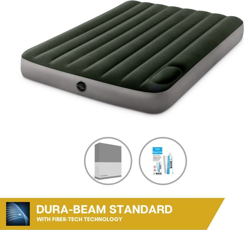 Intex Luftbett - 2 Personen - 137 x 191 x 25 cm - Grün - Mit eingebauter Fußpumpe + Spannbettlaken Anthrazit + Reperaturset
