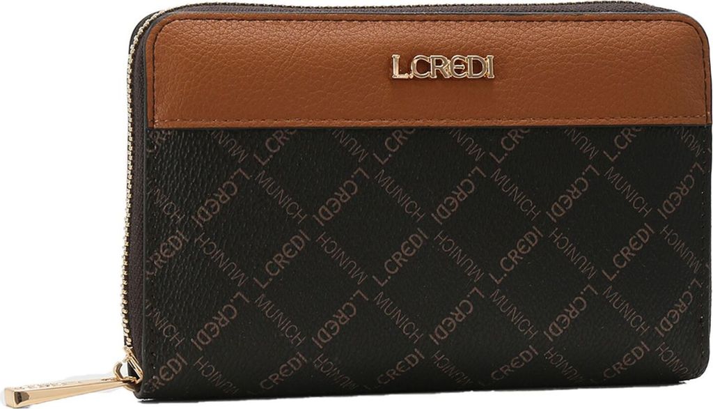 A brown and black patterned wallet with a gold logo.