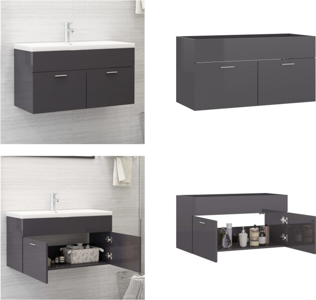 vidaXL Waschbeckenunterschrank Hochglanz Grau 90x38,5x46cm - Badezimmerschrank - Badezimmerschränke - Schrank - Schränke