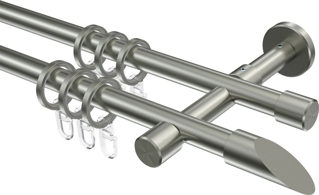 Interdeco Gardinenstange / Vorhangstange Edelstahl-Optik, Typ Sinux Santoni (Schräge), 16 mm Ø 2-läufig, 260 cm