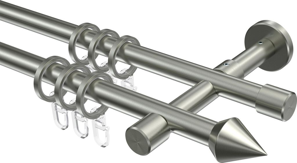 Interdeco Gardinenstange / Vorhangstange Edelstahl-Optik, Typ Sinux Castello (Doppelkegel), 16 mm Ø 2-läufig, 160 cm