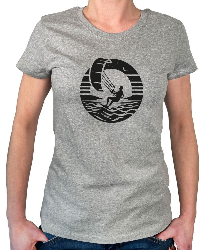 Huuraa Damen T-Shirt Kite Board Kitesurfing XXL Sport Grey Bio Baumwolle Fairtrade Damenshirt Geschenkidee