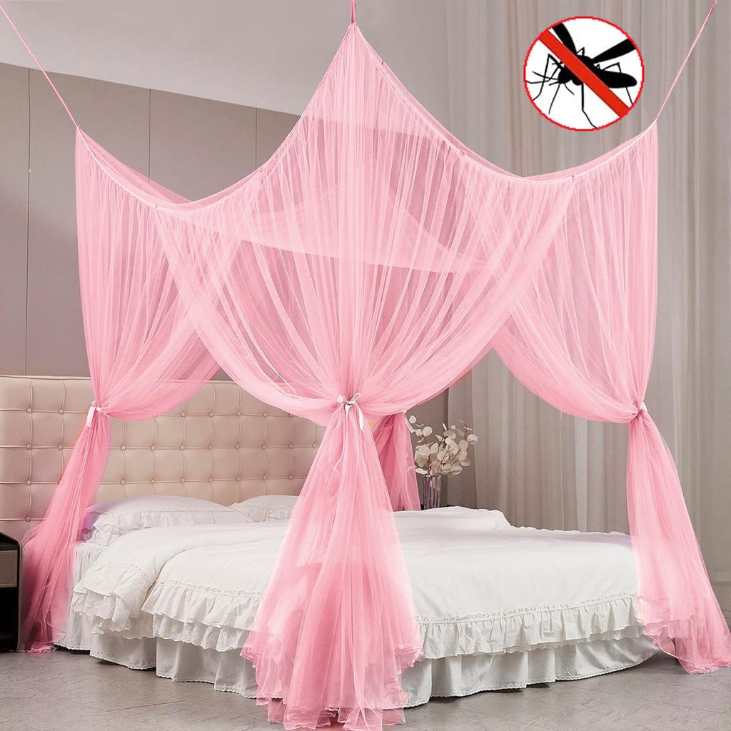 Moskitonetz Bett Doppelbett Innen Außen 4 Seitliche Öffnungen, Betthimmel-Aufhängeset Moskitoschutz 210x190x240cm, Rosa