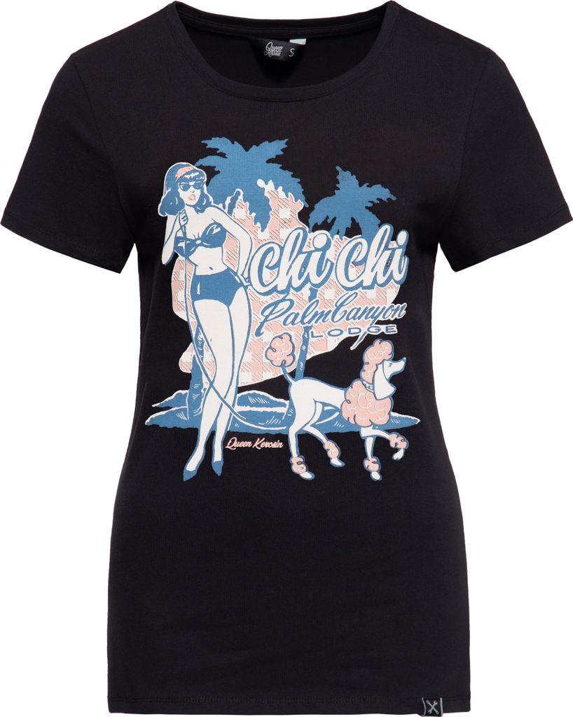 QUEEN KEROSIN Print T-Shirt Mit Vintage Front Print Chi Chi Beach Poodle Schwarz Xs