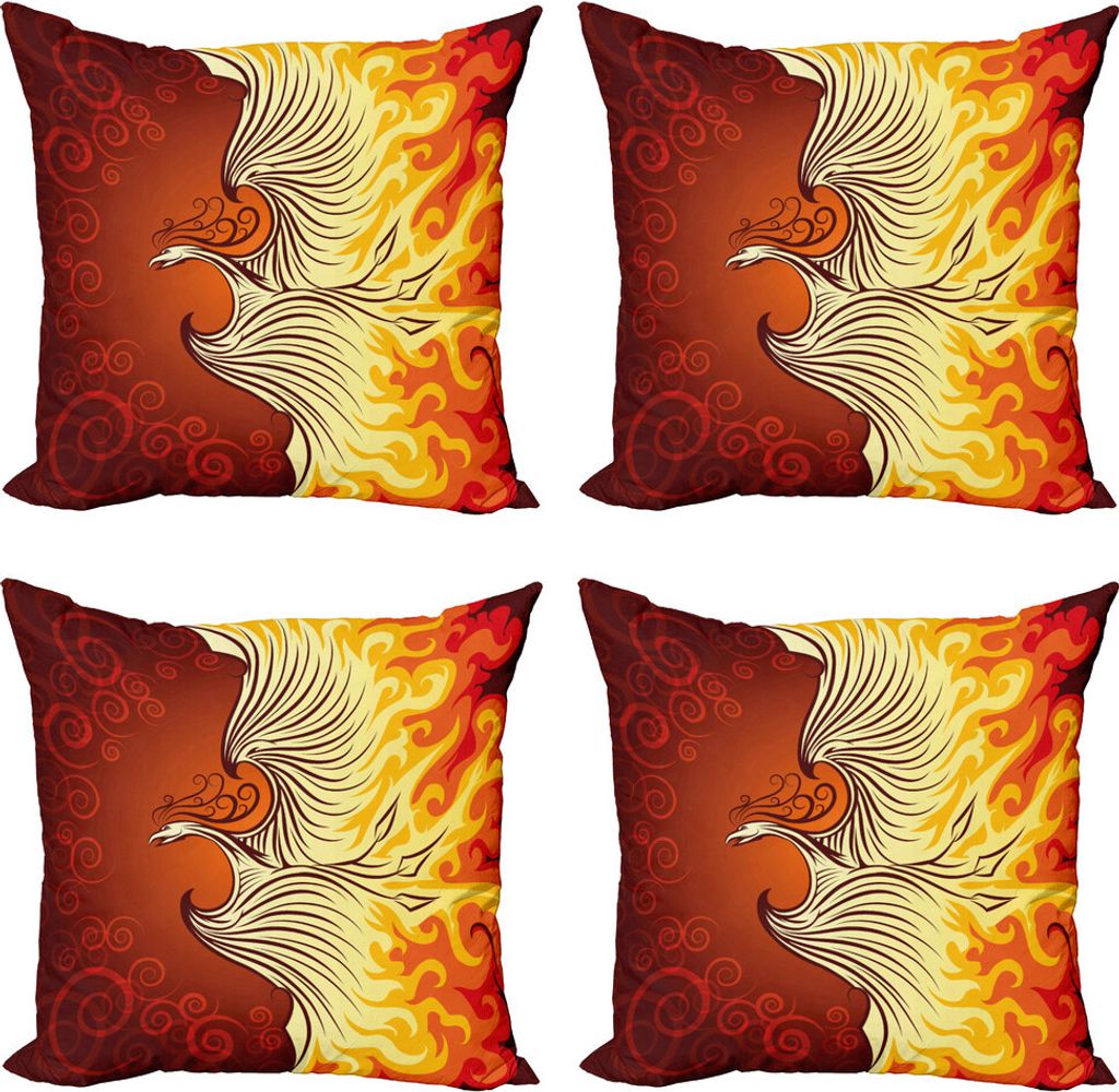 ABAKUHAUS Orange Kissenbezug Set (4 Stück), Phoenix-Vogel in Flammen, Moderner Doppelseitiger Digitaldruck, 60 cm x 60 cm, Orange Gelb