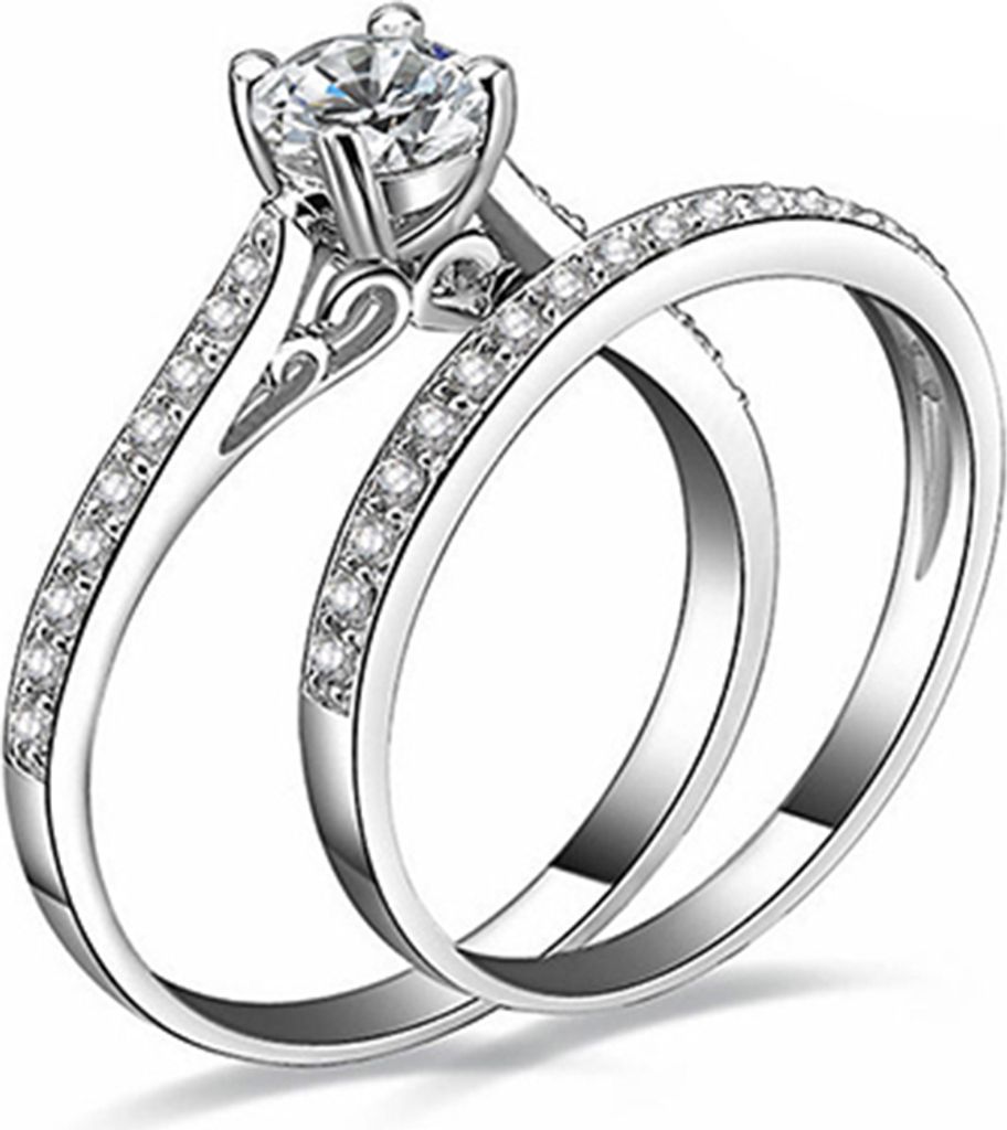 2-teiliges Ring-Set für Damen, Verlobung, Hochzeit, Zirkonia, weiß versilbert-8