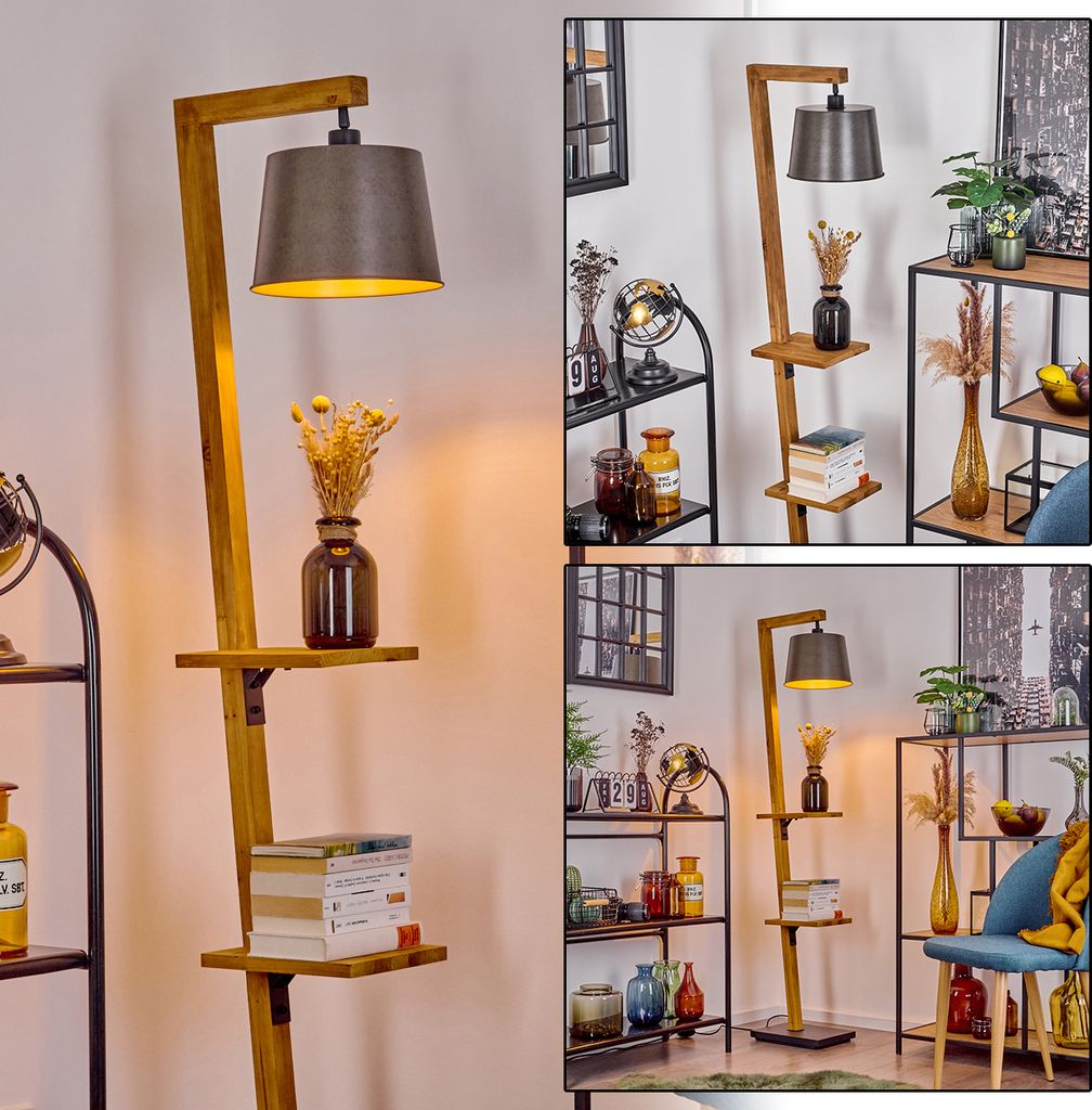 Selbagnone moderne Stehlampe aus Metall/Holz in Schwarz/Natur/Nickel-Antik/Gold